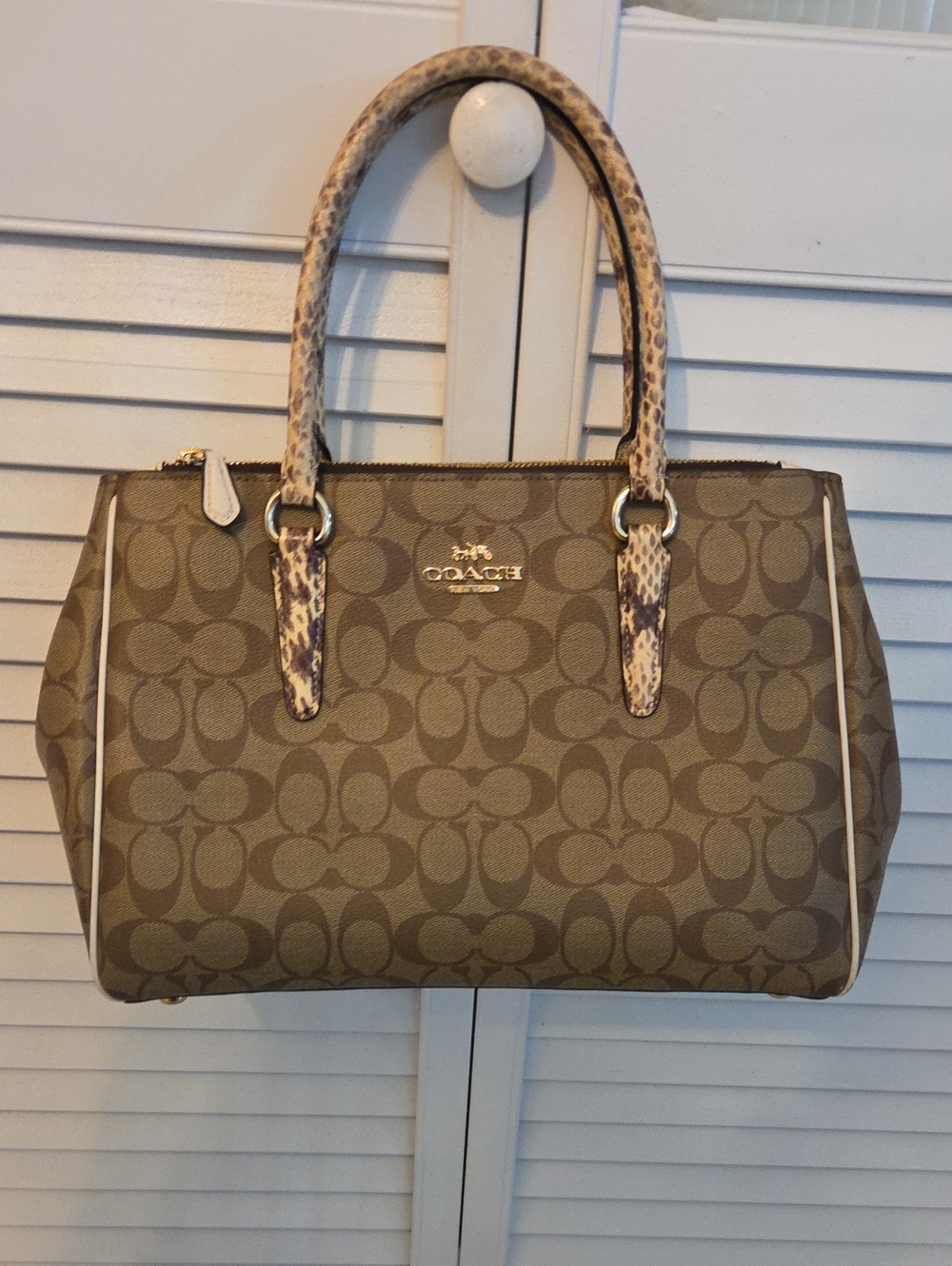 Coach Khaki Signature Satchel with Snake-Print Trim
